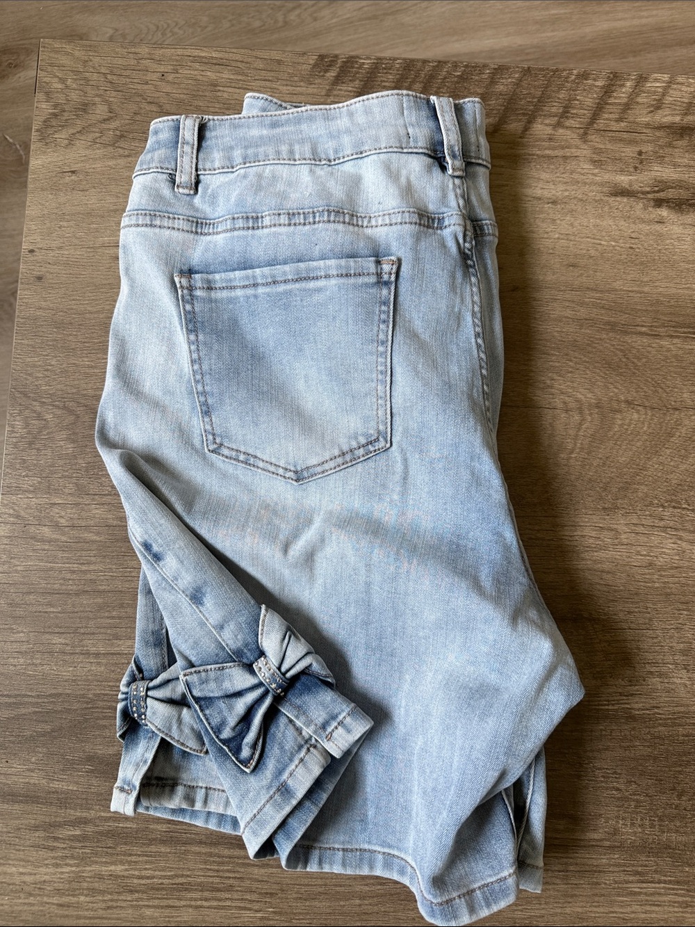 Light Wash Denim Women’s Shorts with Side Bows - Picture 4 of 5